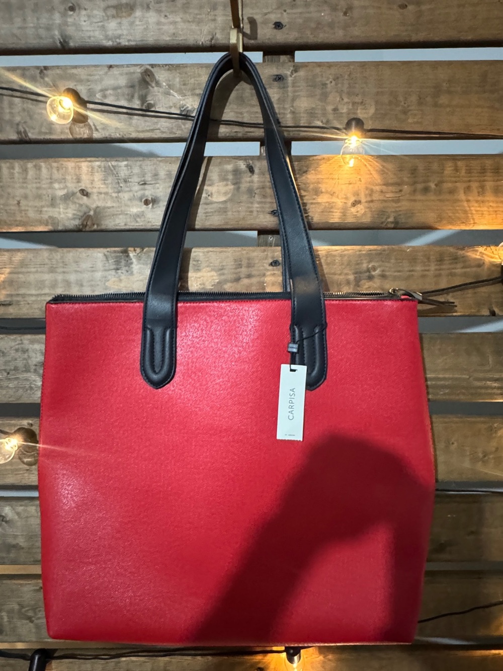 NWT Carpisa Red Black Faux Leather Zip Tote Work Laptop Bag